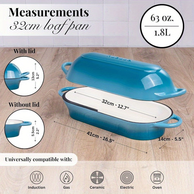 Heavy-Duty Enamelled Cast Iron Bread Loaf Dutch Oven Pot with Lid - Large Rectangular 13.39inch\u002F16.14inch-like (6.3inch Wide) Oven-Safe Baking Pan, Non-Stick 3-Layer Enamel Coating, Moisture Lock Lid & Induction Compatible for Sourdough, Bread