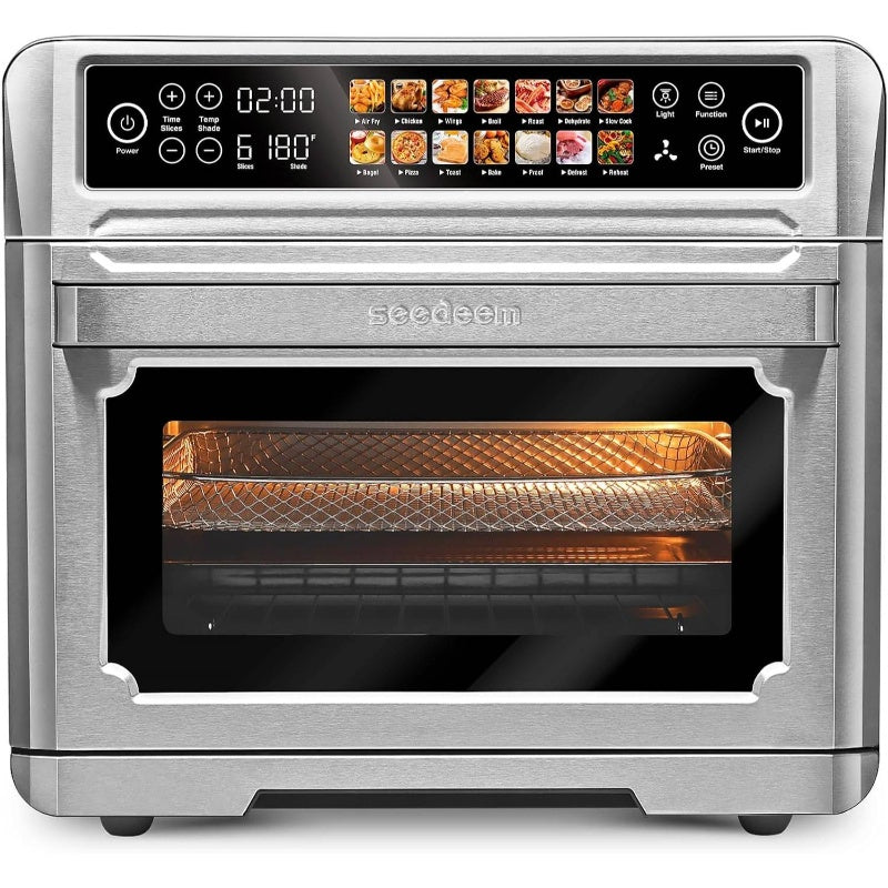 Air Fryer Toaster Oven, 6.6gal Countertop Convection Oven with Color LCD Display and Screen, 14 - in - 1 Functions, Stainless Steel Oven with Preset and Timer, Silvery Metallic,  Quick Meals, Compact Design, Nonstick Coating, Easy To Clean, Busy