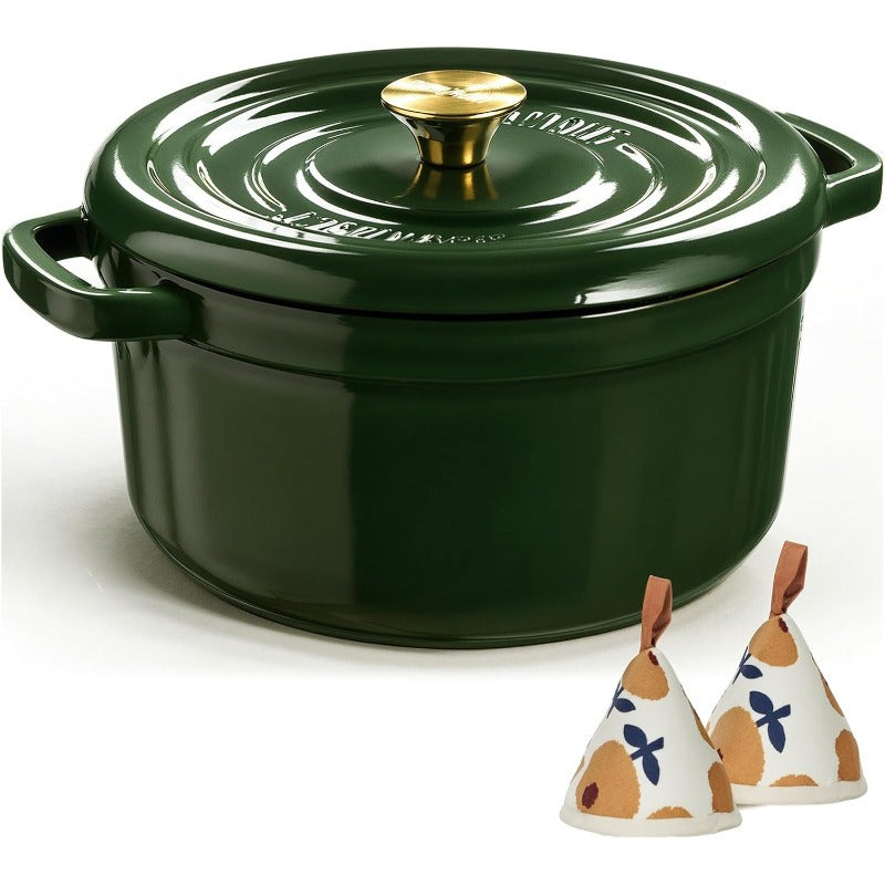 5QT Enameled Cast Iron Dutch Oven Pot with Lid, Cookbook & Potholders - Heavy-Duty Green Enamel Cookware, Self-Basting Lid, Induction\u002FStovetop\u002FOven, -Resistant, Oven- Knob & Lid Cover for Braising, Baking, Roasting