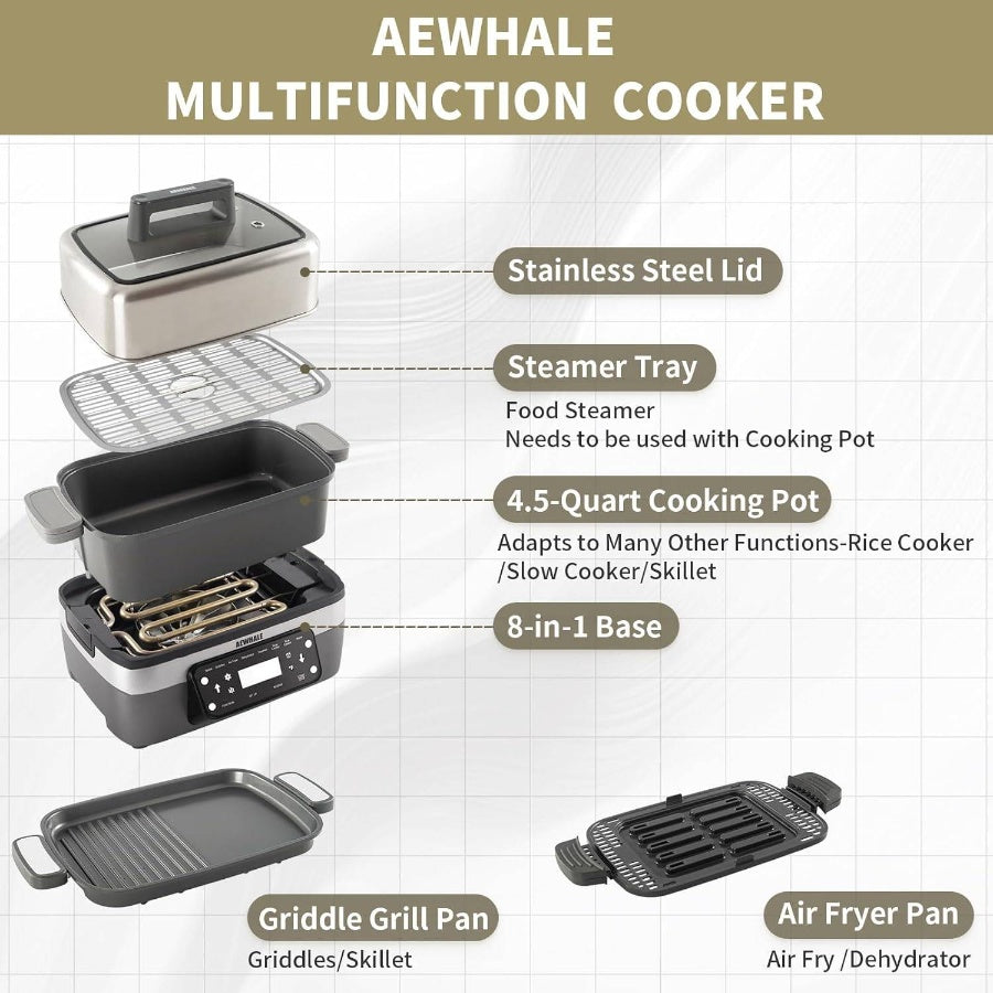 8 - in - 1 Multifunctional Cooker with Air Fryer, Slow Cooker, Food Steamer, Dehydrator More, Family - Sized Capacity,