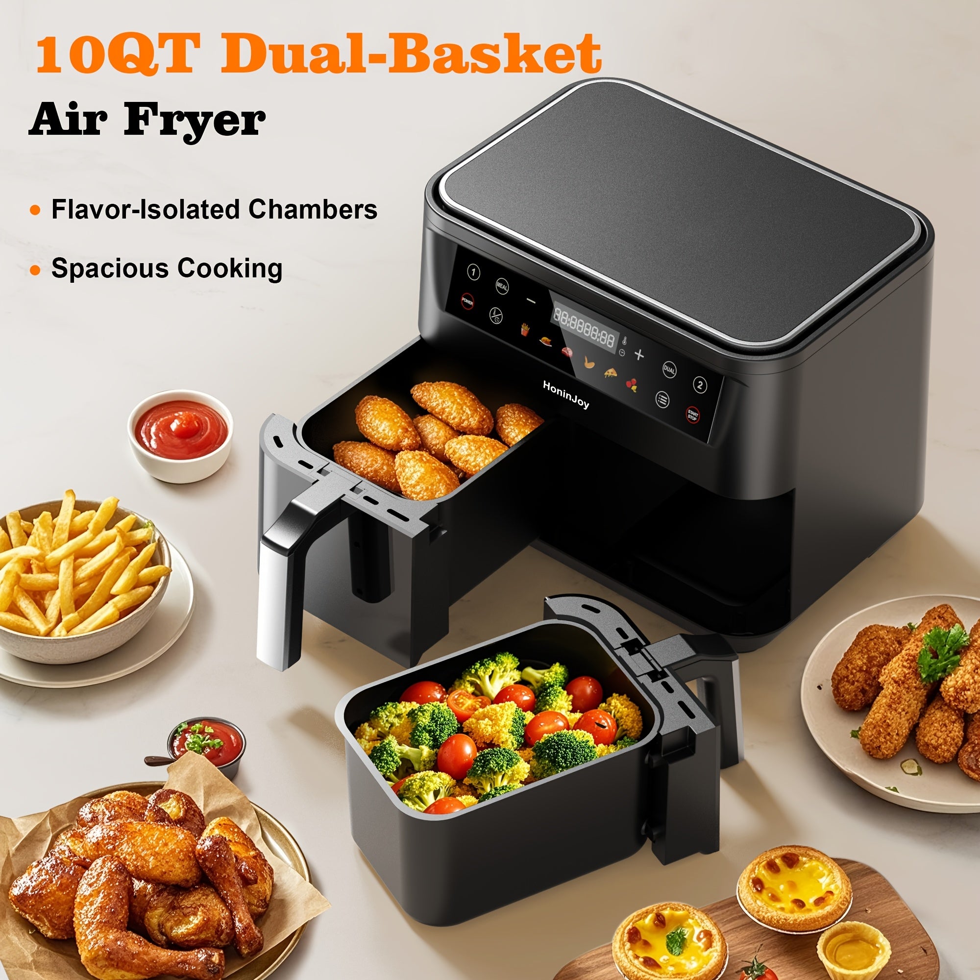 HoninJoy 10Qt 10-in-1 Dual Air Fryer, Fresh Balanced Meals for Family And Children with Double Baskets, Sync Cook & Finish to Bake, Roast, Reheat, Broil for Easy Cooking, Dishwasher Safe - Includes Air Fryer Paper Liners 50pcs
