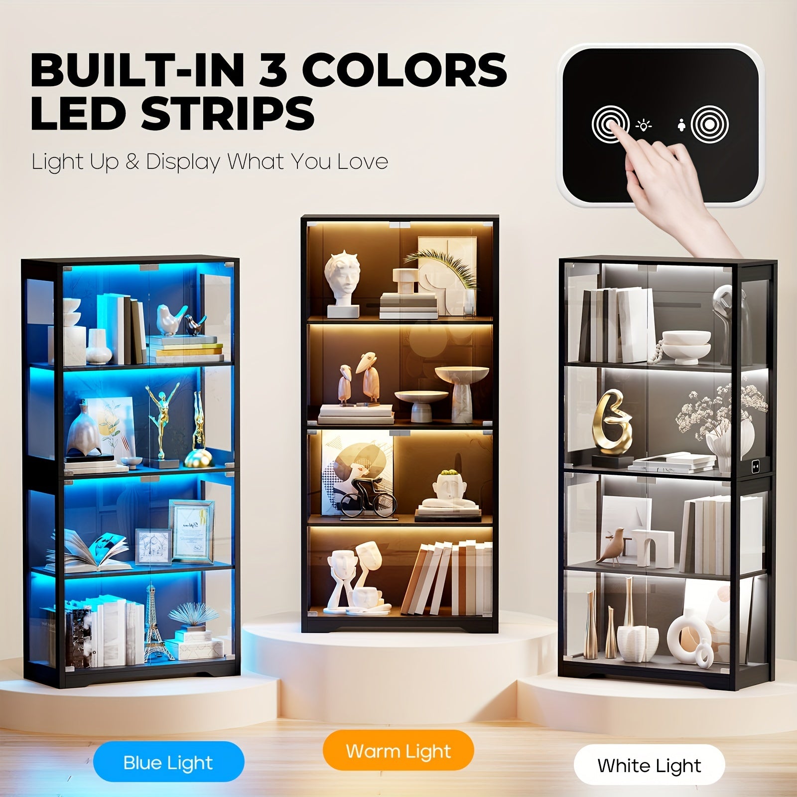 Antique Display Cabinet Antique Display Cabinet with Glass Door, 3-Color Light, 4-Layer Bookshelf - Suitable for Collectors, Game Room, Bedroom, Study