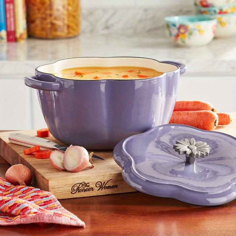 Timeless Beauty by Ree Drummond 3-Quart Floral Enamel Cast Iron Dutch Oven - Purple, Even Heat Distribution, Oven & Induction Safe, Decorative Floral Design with Metal Knob, Country Kitchen Cookware, Stovetop to Oven, Everyday Cooking, Durable Kitchenware