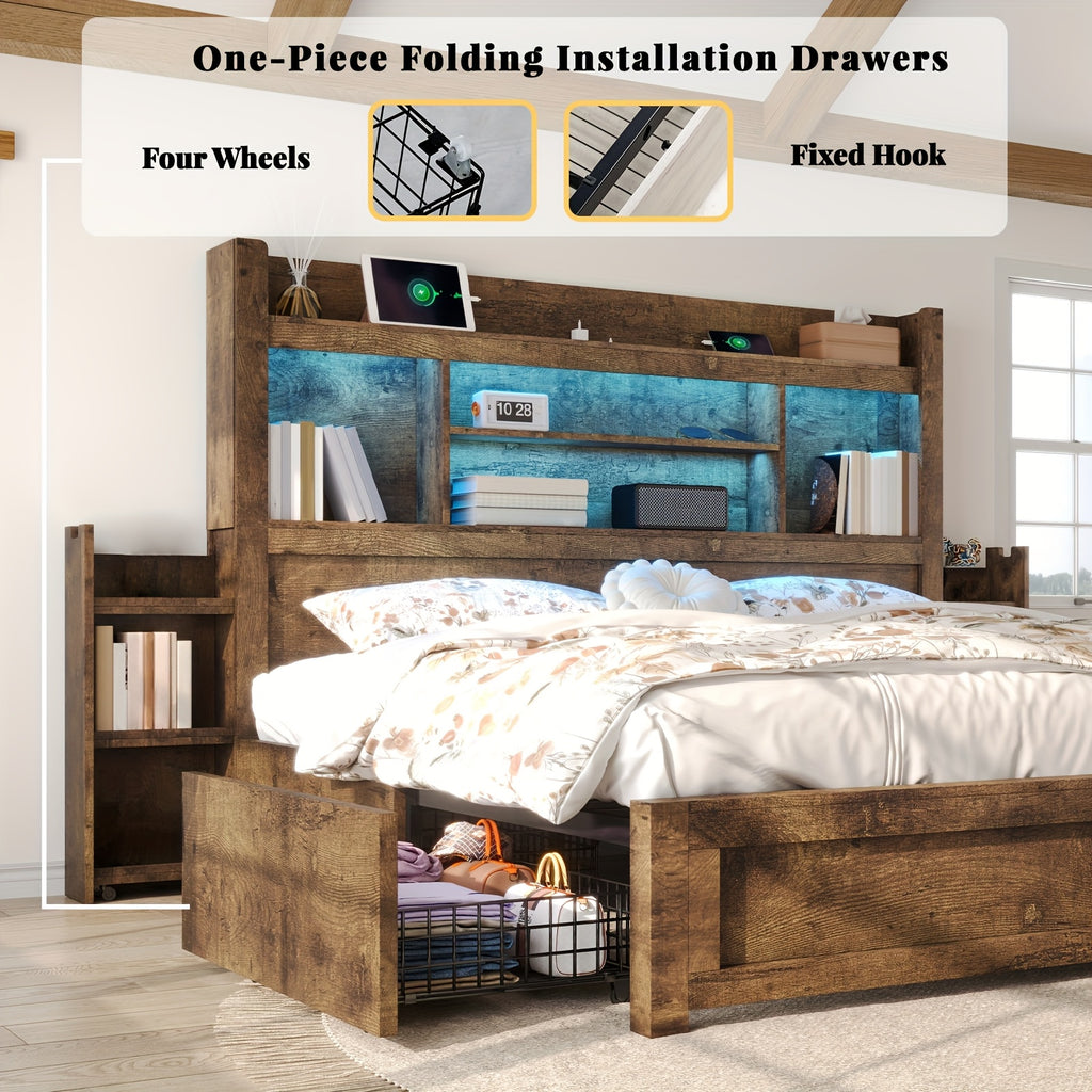 Farmhouse Wooden Bed Frame With 4 Storage Drawers, LED Bed Frame With 49\
