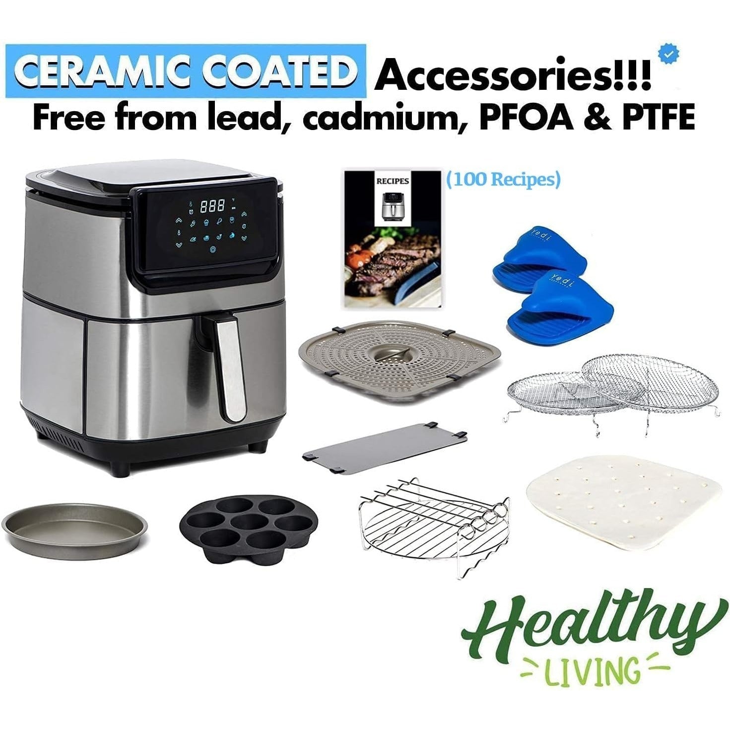 Yedi Evolution Air Fryer, 6.8 Quart, Ceramic Cooking Basket, with Deluxe Accessory Kit and Recipe Book