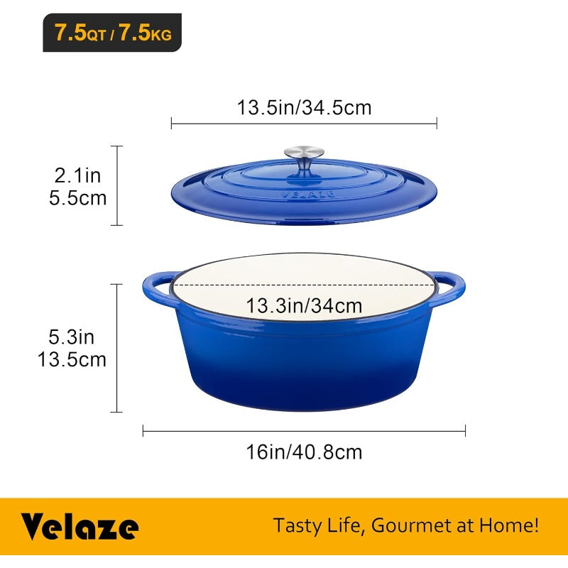 7.5 QT Enameled Cast Iron Dutch Oven Pot with Lid - Heavy-Duty Oval Cookware, Nonstick Enamel Coated Interior & Exterior, Dual Sturdy Handles, Oven Safe for Baking, Stovetop & Oven Use, Even Heat Distribution, Scratch-Resistant - Ideal for Family Me