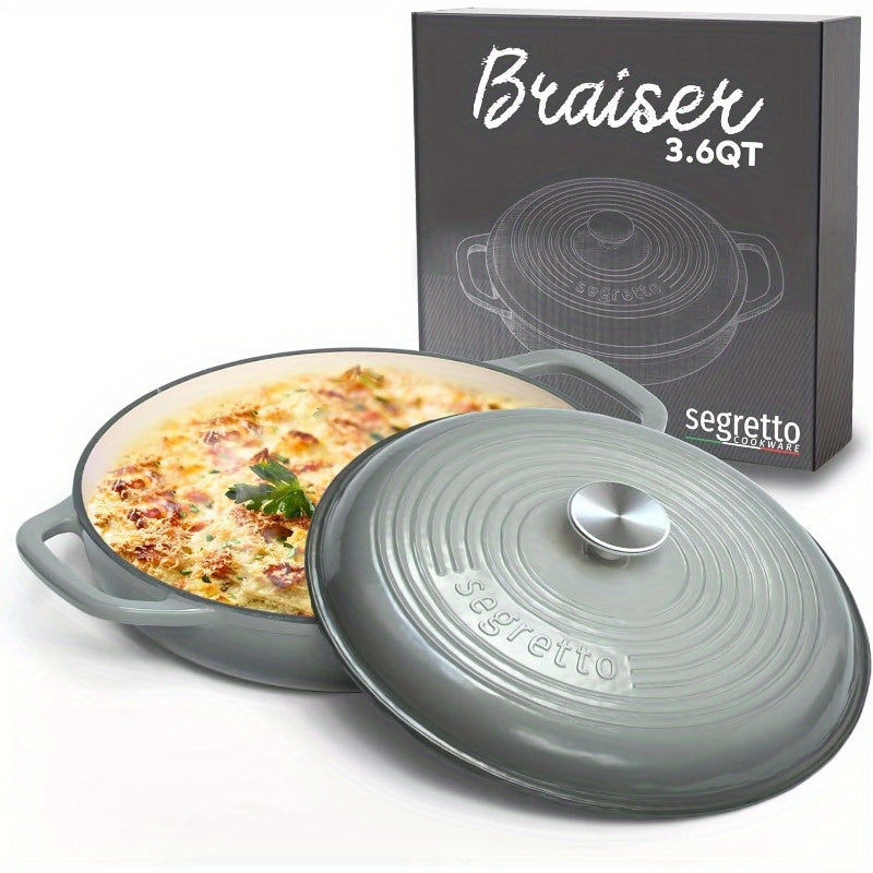 3.6 QT Enameled Cast Iron Braiser Pan with Lid - Dark Gray Gradient Enamel Cookware, Heavy-Duty Casserole & Lasagna Pot, Stovetop-to- Use, Handles, Compatible with All Stovetops (Cast Iron &)