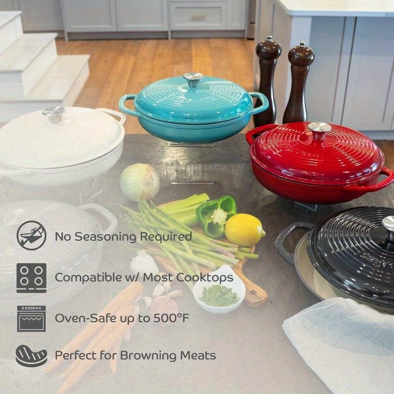 3.6 QT Enameled Cast Iron Braiser Pan with Lid - Dark Gray Gradient Enamel Cookware, Heavy-Duty Casserole & Lasagna Pot, Stovetop-to- Use, Handles, Compatible with All Stovetops (Cast Iron &)