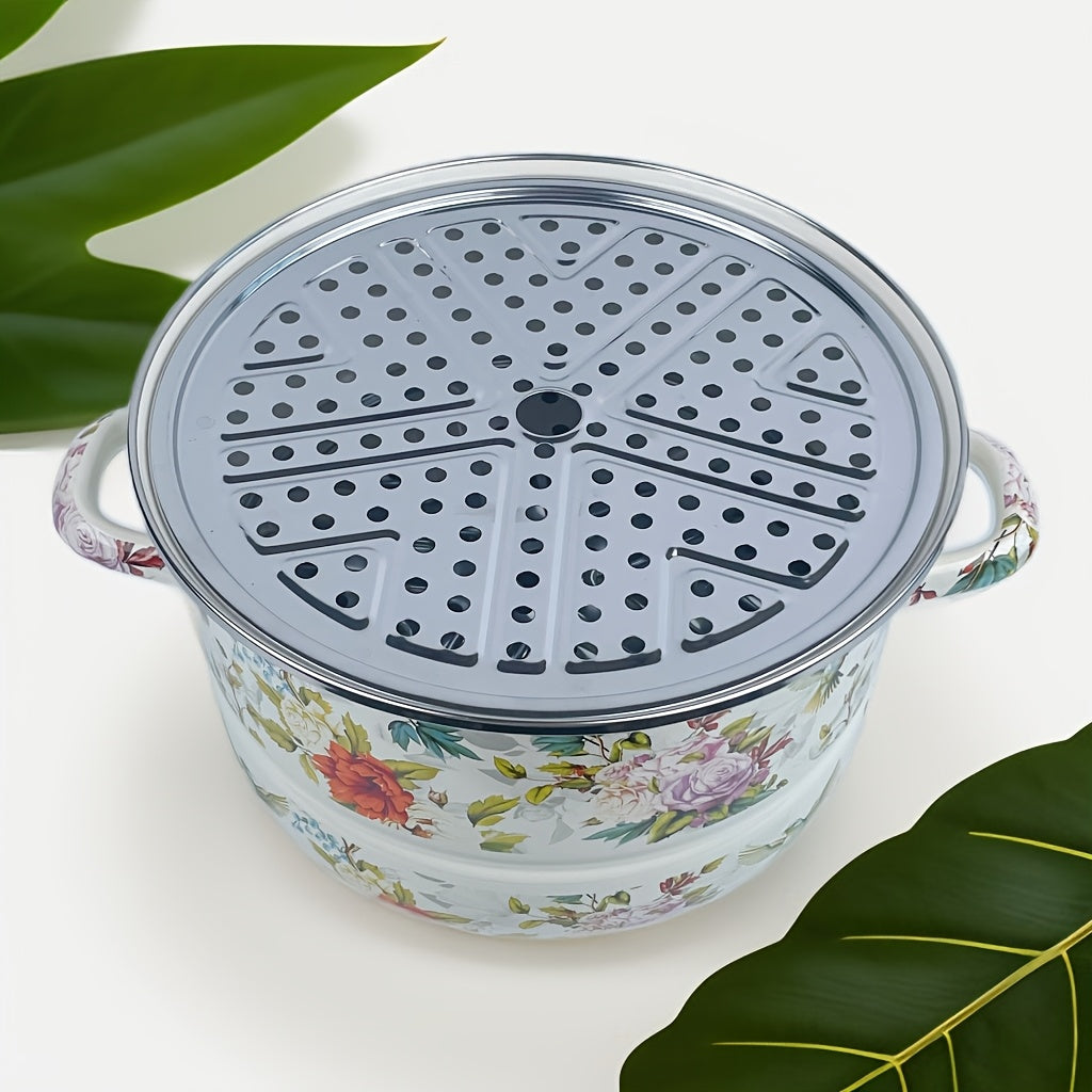 Export to Japan Enamel Double-Layer Steamer Pot with Magpie Pattern - Thickened Stew Pot for Induction & Gas Stove, Versatile Kitchen Cookware for Soup, Rice, and More, Induction Cooktop Pot | Elegant Cookware | Durable Enamel