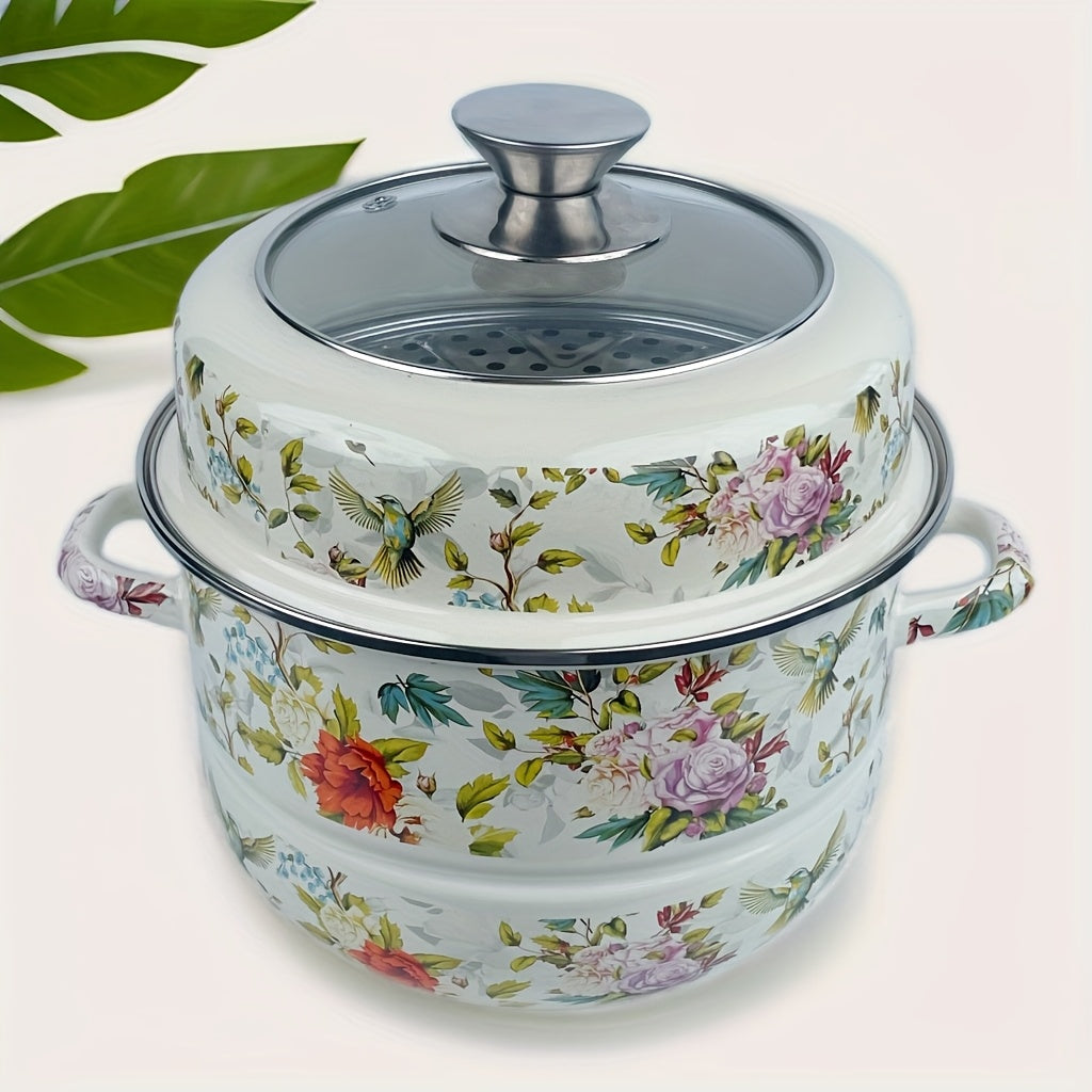 Export to Japan Enamel Double-Layer Steamer Pot with Magpie Pattern - Thickened Stew Pot for Induction & Gas Stove, Versatile Kitchen Cookware for Soup, Rice, and More, Induction Cooktop Pot | Elegant Cookware | Durable Enamel