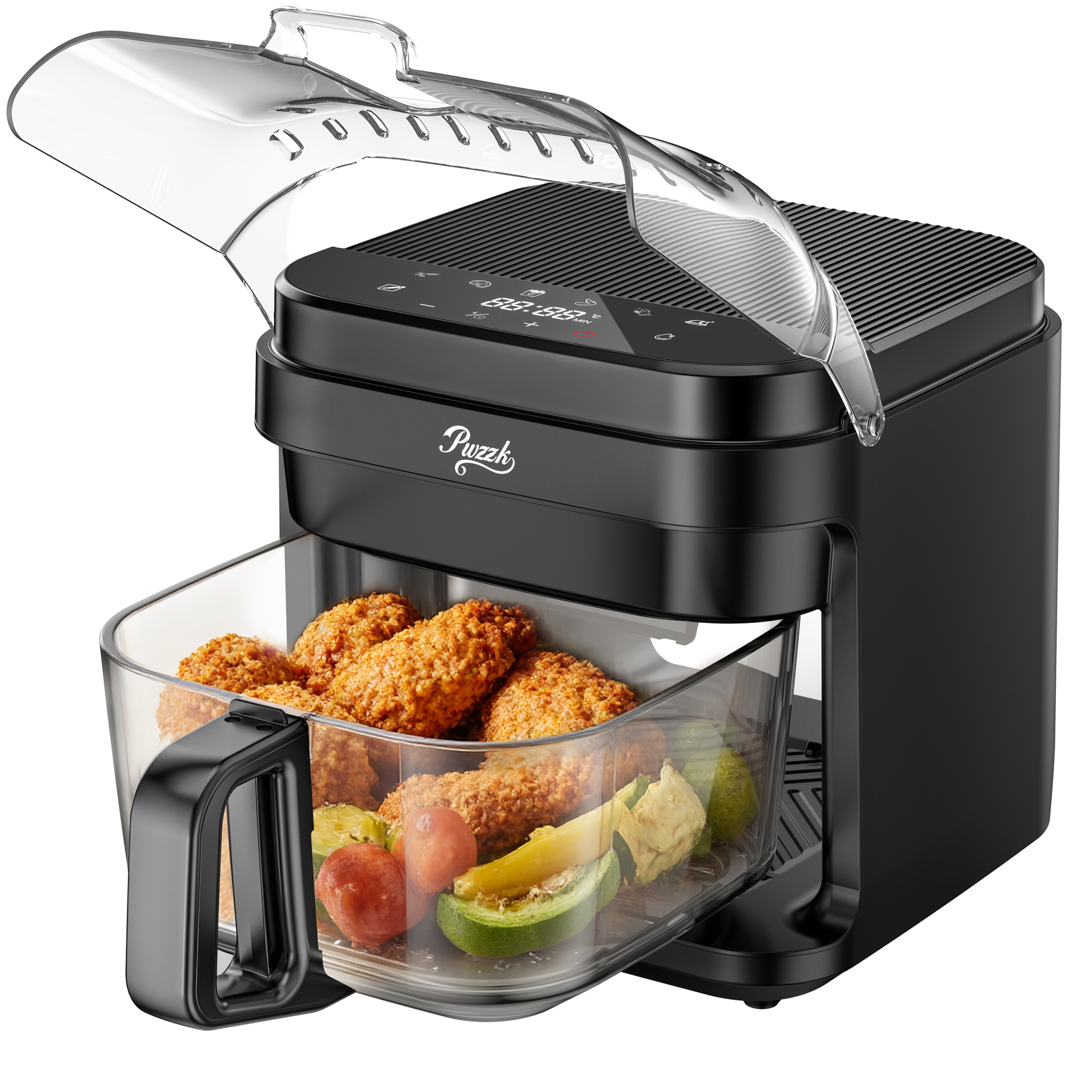 PwZzk 25, 4QT Dual Zone Air Fryer Oven, French Glass Door, XL Size, 100-430F, 16 Presets, LED Display, Dual Fan, 360 Heating, Rotisserie, Bake, Toast, Dehydrate, Reheat, Also In 5, 8QT Glass Drawer, 8 Presets, Coating Free, Flip Lid, for 1-3 People