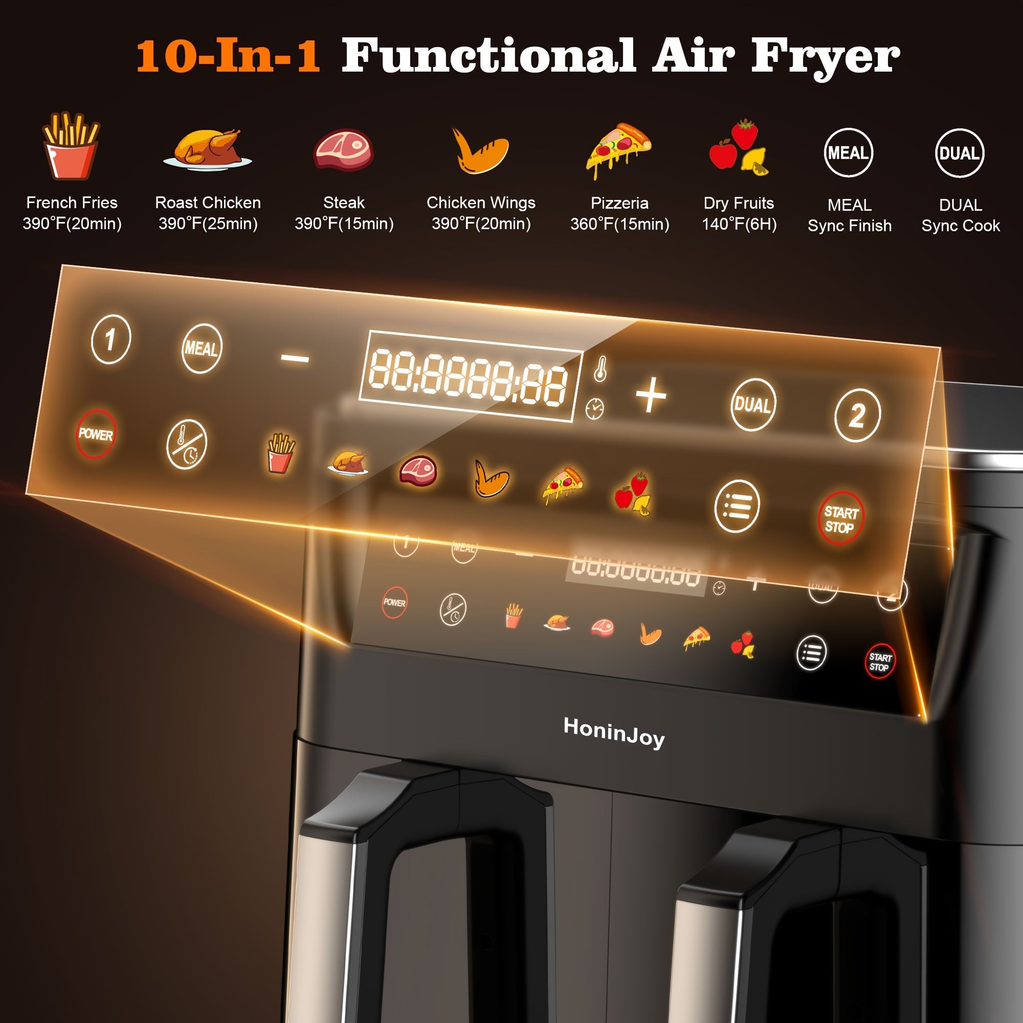 HoninJoy 10Qt 10-in-1 Dual Air Fryer, Fresh Balanced Meals for Family And Children with Double Baskets, Sync Cook & Finish to Bake, Roast, Reheat, Broil for Easy Cooking, Dishwasher Safe - Includes Air Fryer Paper Liners 50pcs