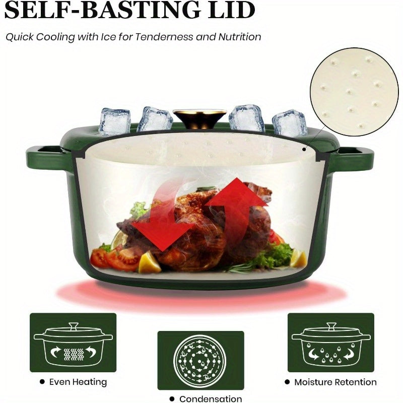 5QT Enameled Cast Iron Dutch Oven Pot with Lid, Cookbook & Potholders - Heavy-Duty Green Enamel Cookware, Self-Basting Lid, Induction\u002FStovetop\u002FOven, -Resistant, Oven- Knob & Lid Cover for Braising, Baking, Roasting