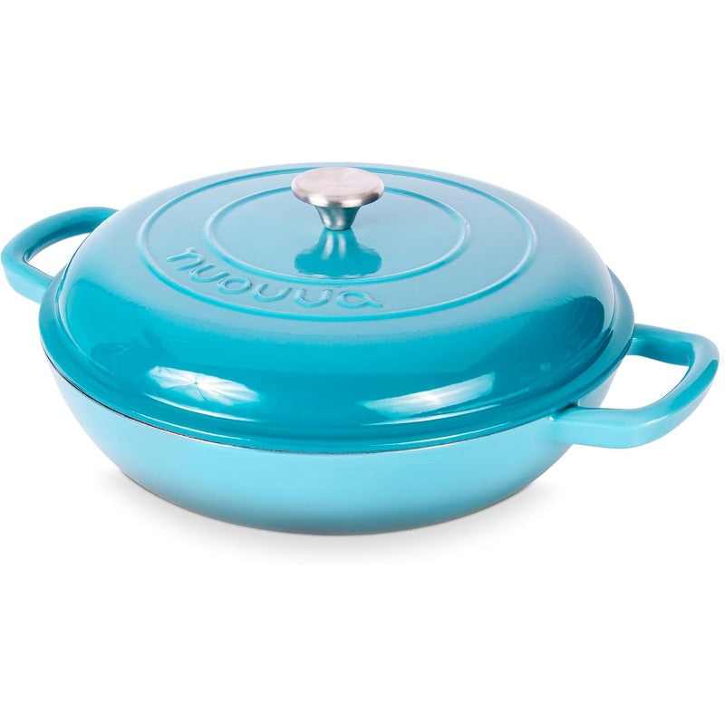 5-Quart Blue Enamel Cast Iron Dutch Oven Pot with Lid - Heavy-Duty Shallow Casserole Cookware, 500°F Oven Safe, Non-Stick Glass Coating, Sturdy Oval Design & Even Heat Distribution for Stovetop-to-Oven Cooking, Braising, Roasting, Baking - Durable &