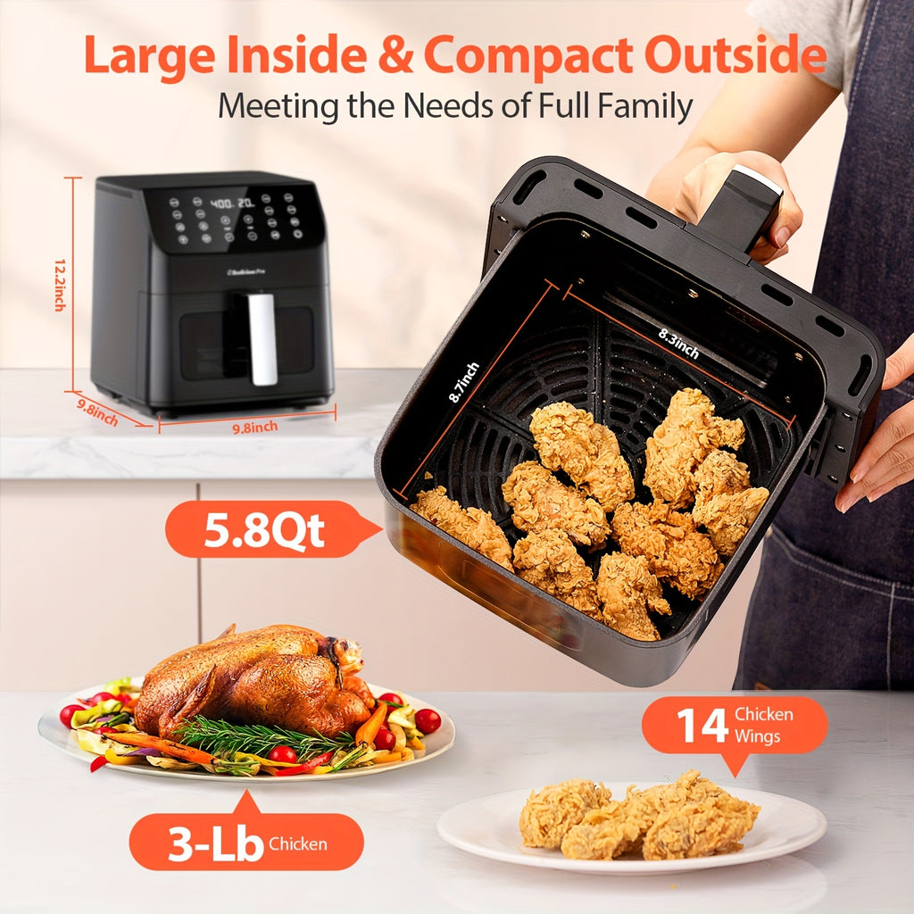Beelicious Pro Air Fryer, 5.8QT Large Capacity Electric Air Fryer Oven with 12+ Easy Functions, Wide View Window & Oven Light, Multifunctional Touch Control for Home Kitchen, Mother'S Day Gift
