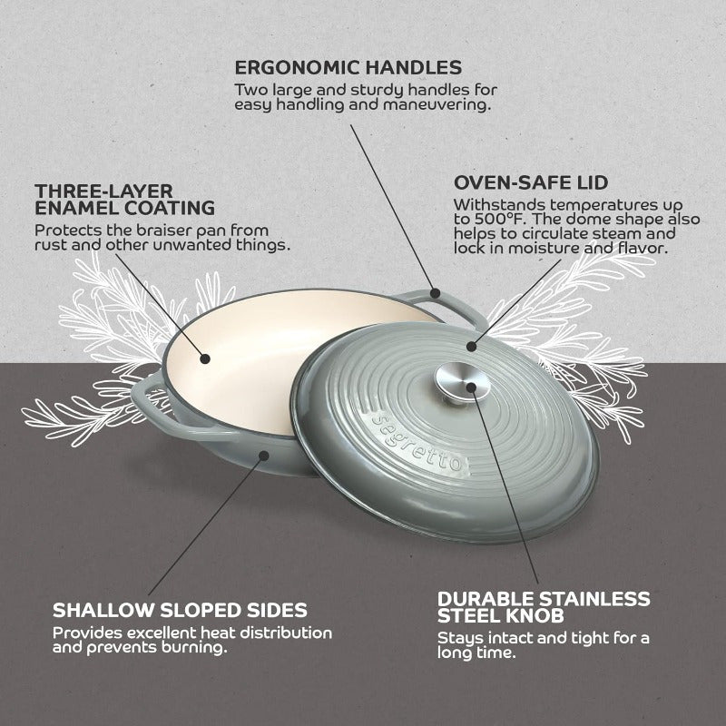 3.6 QT Enameled Cast Iron Braiser Pan with Lid - Dark Gray Gradient Enamel Cookware, Heavy-Duty Casserole & Lasagna Pot, Stovetop-to- Use, Handles, Compatible with All Stovetops (Cast Iron &)