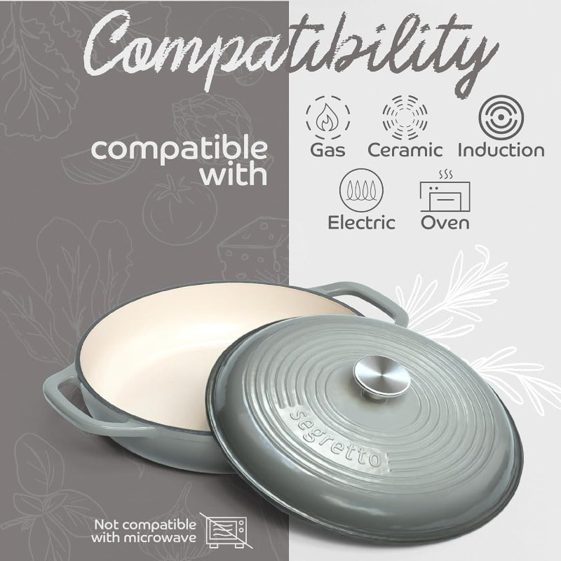 3.6 QT Enameled Cast Iron Braiser Pan with Lid - Dark Gray Gradient Enamel Cookware, Heavy-Duty Casserole & Lasagna Pot, Stovetop-to- Use, Handles, Compatible with All Stovetops (Cast Iron &)