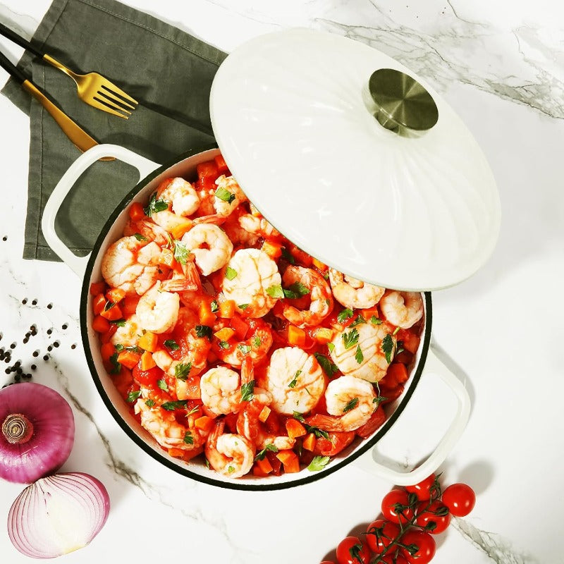 Enameled Cast Iron Braiser 3.8 Quart Enamel Dutch Oven with Handles Cast Iron Braiser Pan with Lid Enameled Cookware White