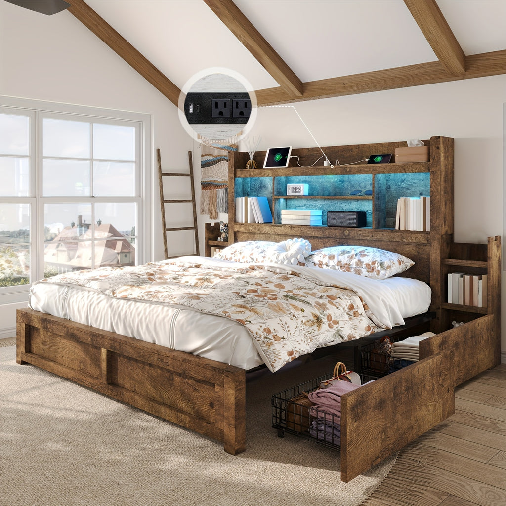 Farmhouse Wooden Bed Frame With 4 Storage Drawers, LED Bed Frame With 49\