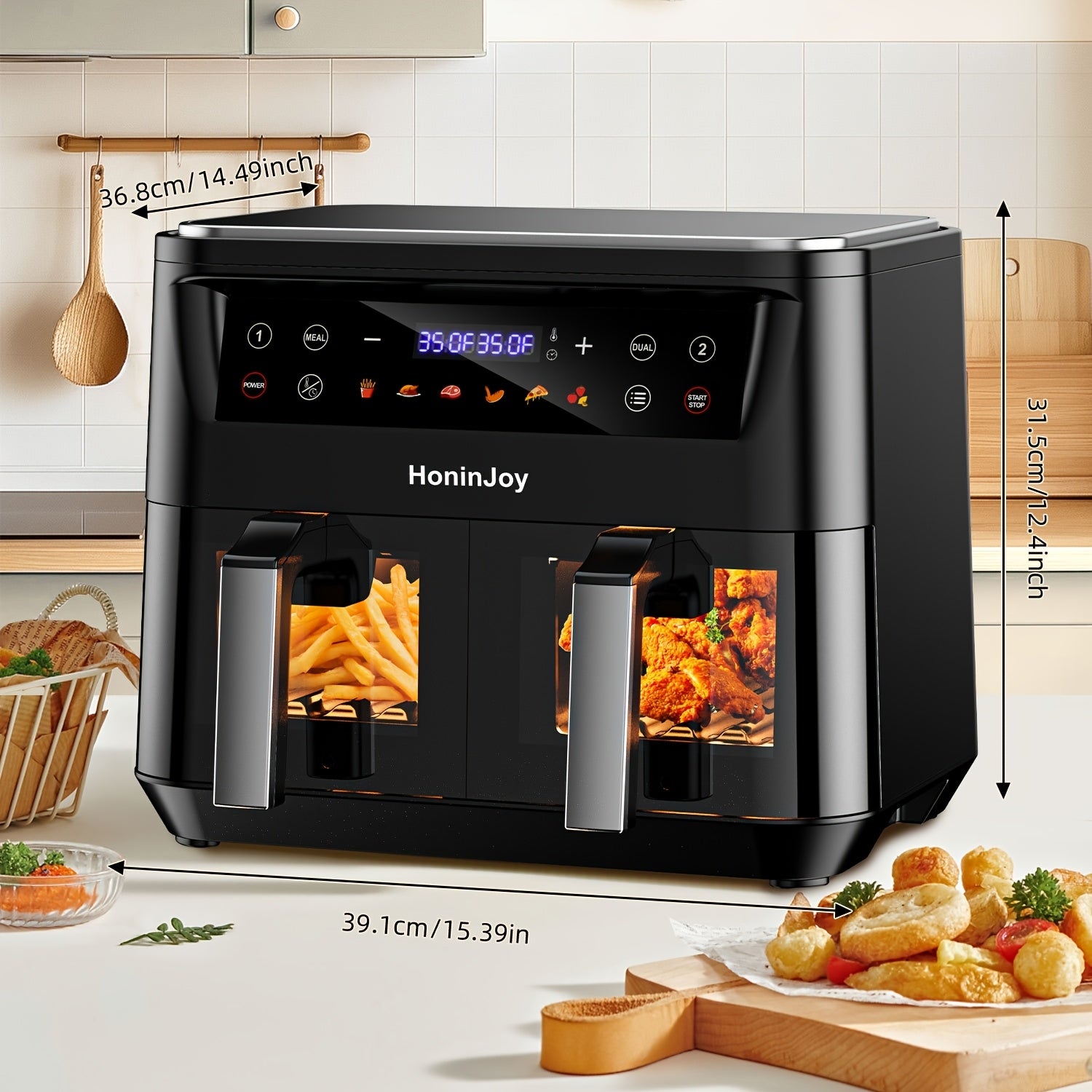 HoninJoy 10Qt 10-in-1 Dual Air Fryer, Fresh Balanced Meals for Family And Children with Double Baskets, Sync Cook & Finish to Bake, Roast, Reheat, Broil for Easy Cooking, Dishwasher Safe - Includes Air Fryer Paper Liners 50pcs