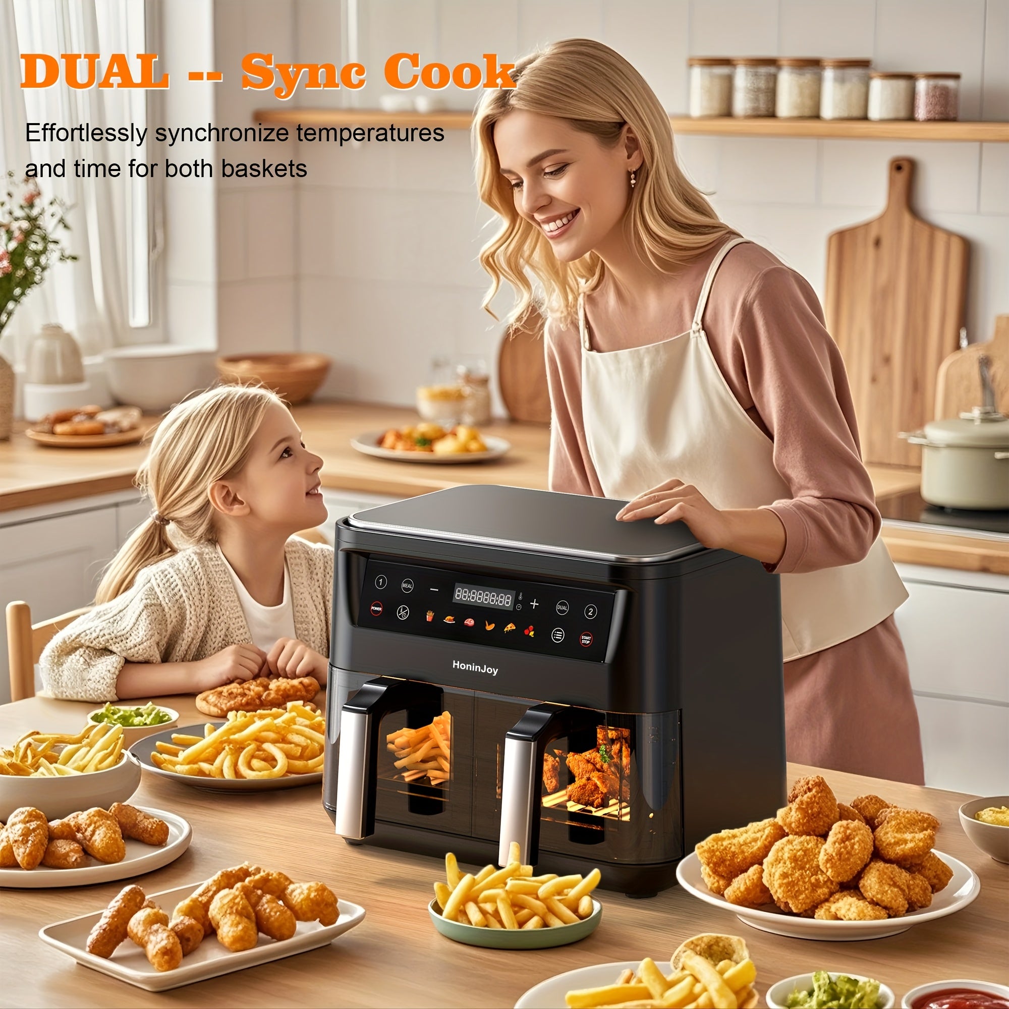 HoninJoy 10Qt 10-in-1 Dual Air Fryer, Fresh Balanced Meals for Family And Children with Double Baskets, Sync Cook & Finish to Bake, Roast, Reheat, Broil for Easy Cooking, Dishwasher Safe - Includes Air Fryer Paper Liners 50pcs