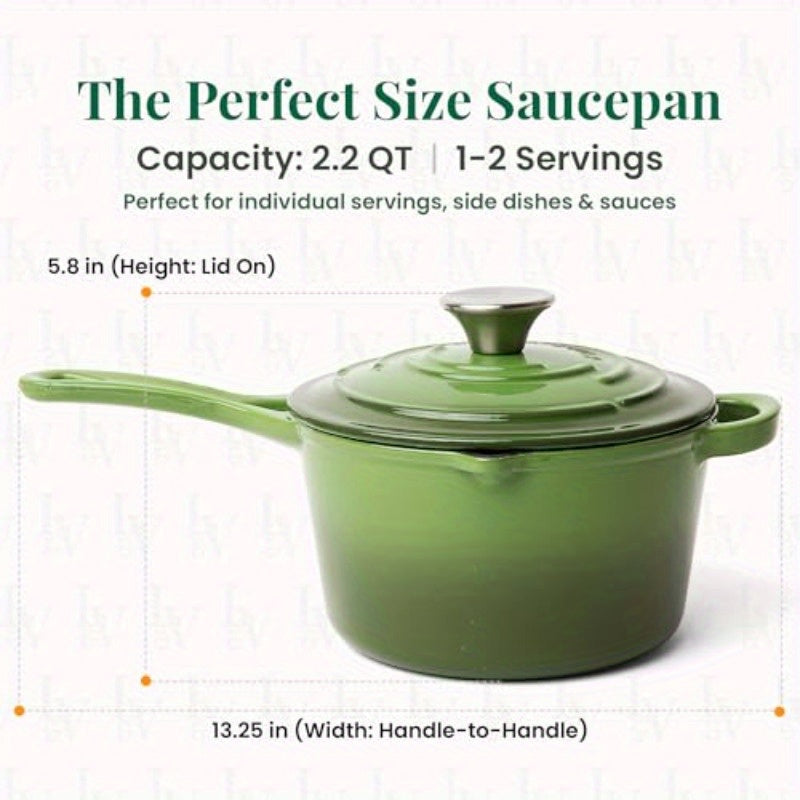 2.2 Qt Enameled Cast Iron Saucepan with Lid - Heavy-Duty Green Enamel Dutch-Style Pot, Oven Safe to 500°F, Induction Compatible, Triple-Layer Non-Stick Coating, Dishwasher Safe, Pour Spouts & Helper Handle for Soups, Stews, Sauces (PFAS
