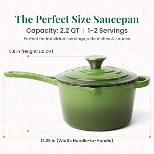 2.2 Qt Enameled Cast Iron Saucepan with Lid - Heavy-Duty Green Enamel Dutch-Style Pot, Oven Safe to 500°F, Induction Compatible, Triple-Layer Non-Stick Coating, Dishwasher Safe, Pour Spouts & Helper Handle for Soups, Stews, Sauces (PFAS