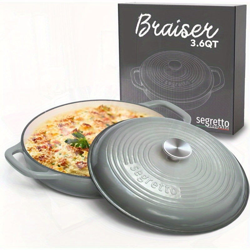3.6 QT Enameled Cast Iron Braiser Pan with Lid - Dark Gray Gradient Enamel Cookware, Heavy-Duty Casserole & Lasagna Pot, Stovetop-to- Use, Handles, Compatible with All Stovetops (Cast Iron &)