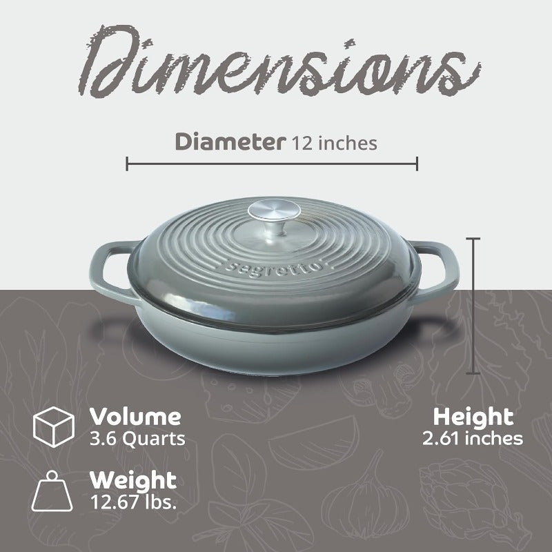 3.6 QT Enameled Cast Iron Braiser Pan with Lid - Dark Gray Gradient Enamel Cookware, Heavy-Duty Casserole & Lasagna Pot, Stovetop-to- Use, Handles, Compatible with All Stovetops (Cast Iron &)