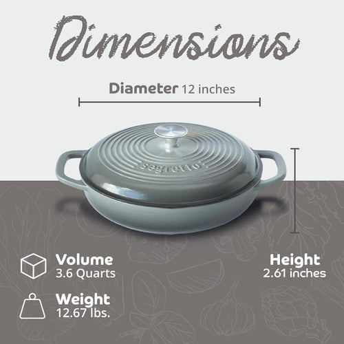 3.6 QT Enameled Cast Iron Braiser Pan with Lid - Dark Gray Gradient Enamel Cookware, Heavy-Duty Casserole & Lasagna Pot, Stovetop-to- Use, Handles, Compatible with All Stovetops (Cast Iron &)