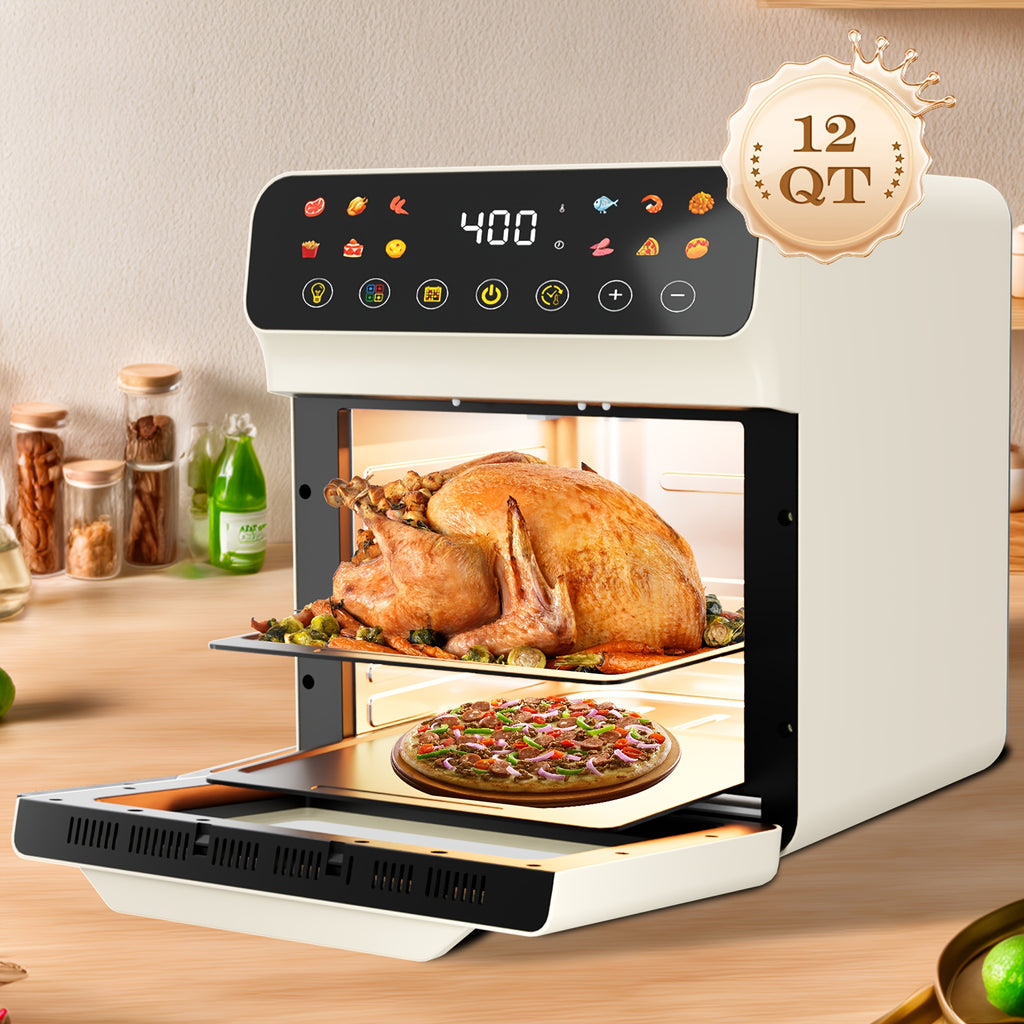 Bluebow 12QT Air Fryer Convection Oven with 12-in-1 Multi Function, Visible Window, Touchscreen, Healthy Choice, Oil-Free, Non-Stick Basket, Easy to Clean, One-Touch Operation, Baking, Heating, Air-drying, Fast Food