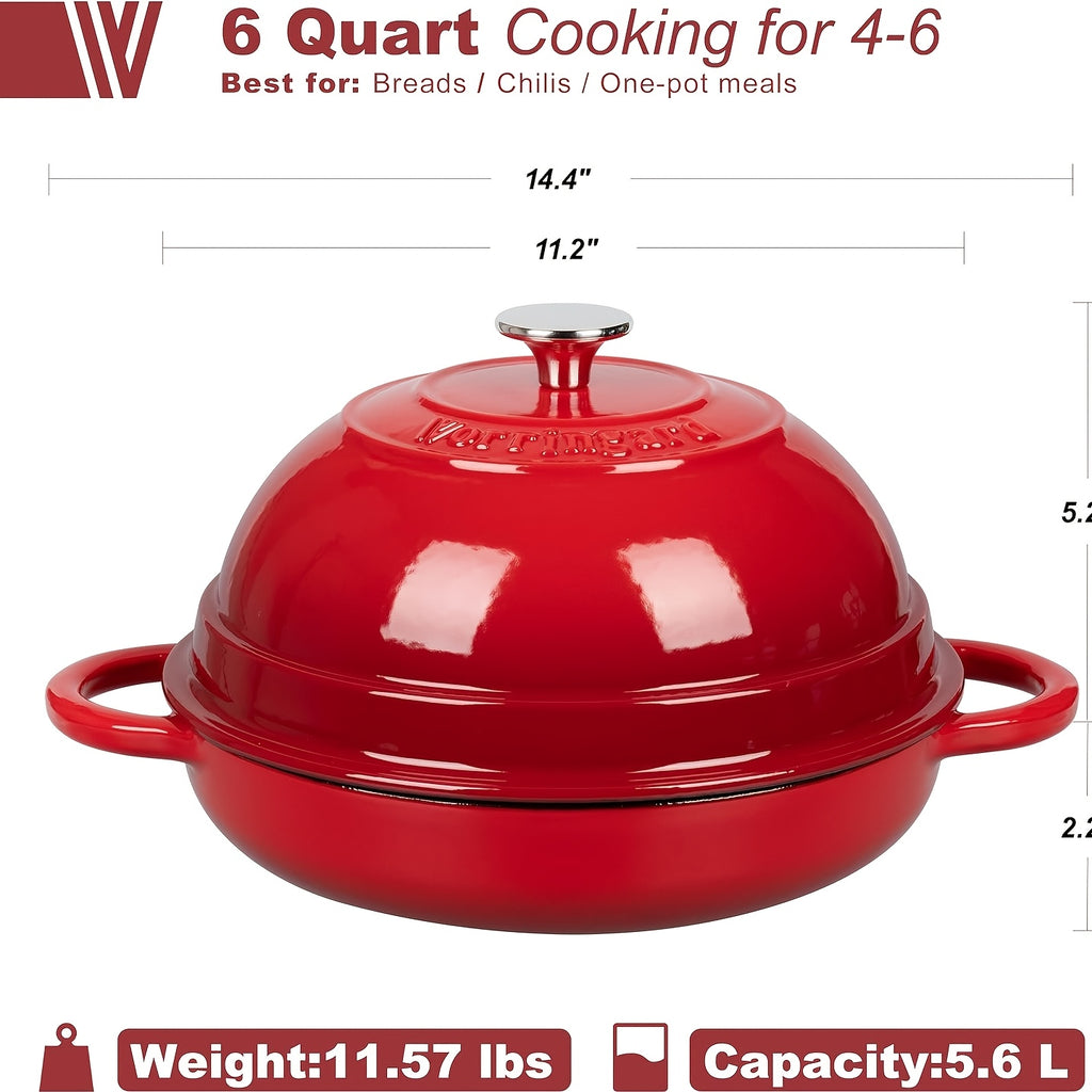 6 Quart Red Cast Iron Enameled Dutch Oven Pot with Lid - Heavy-Duty Round Oven- Baking & Braising Pan, Enamel Coating for Even Heat Distribution, Lid Lock & Steam-Retaining Dome, Compatible with Stovetop, Oven, Campfire (Bread