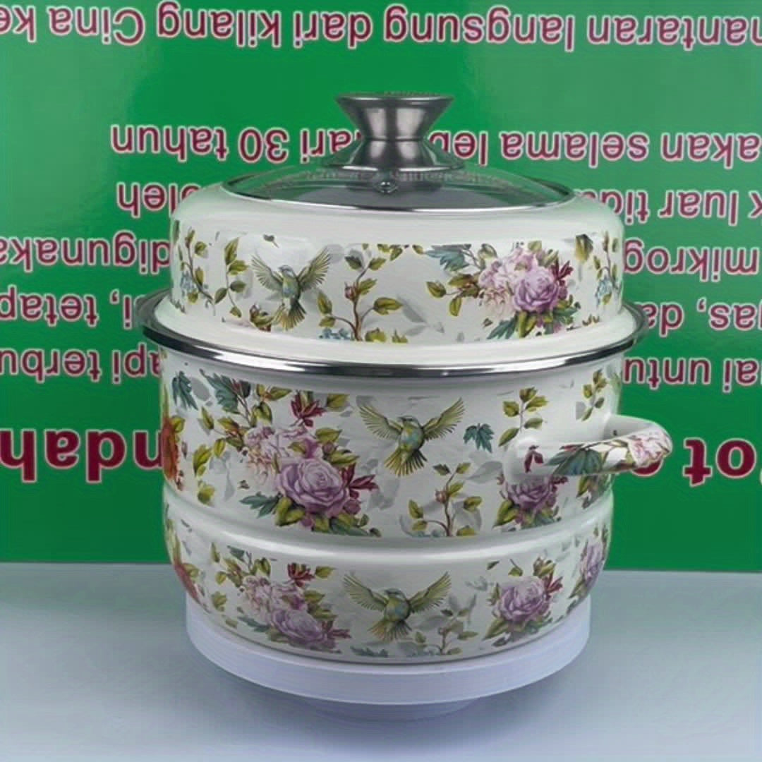 Export to Japan Enamel Double-Layer Steamer Pot with Magpie Pattern - Thickened Stew Pot for Induction & Gas Stove, Versatile Kitchen Cookware for Soup, Rice, and More, Induction Cooktop Pot | Elegant Cookware | Durable Enamel