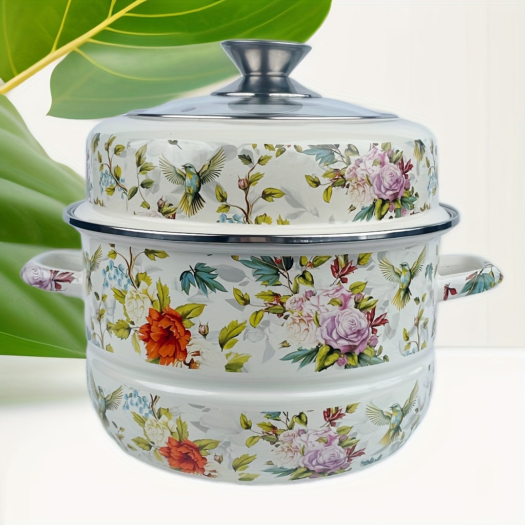 Export to Japan Enamel Double-Layer Steamer Pot with Magpie Pattern - Thickened Stew Pot for Induction & Gas Stove, Versatile Kitchen Cookware for Soup, Rice, and More, Induction Cooktop Pot | Elegant Cookware | Durable Enamel