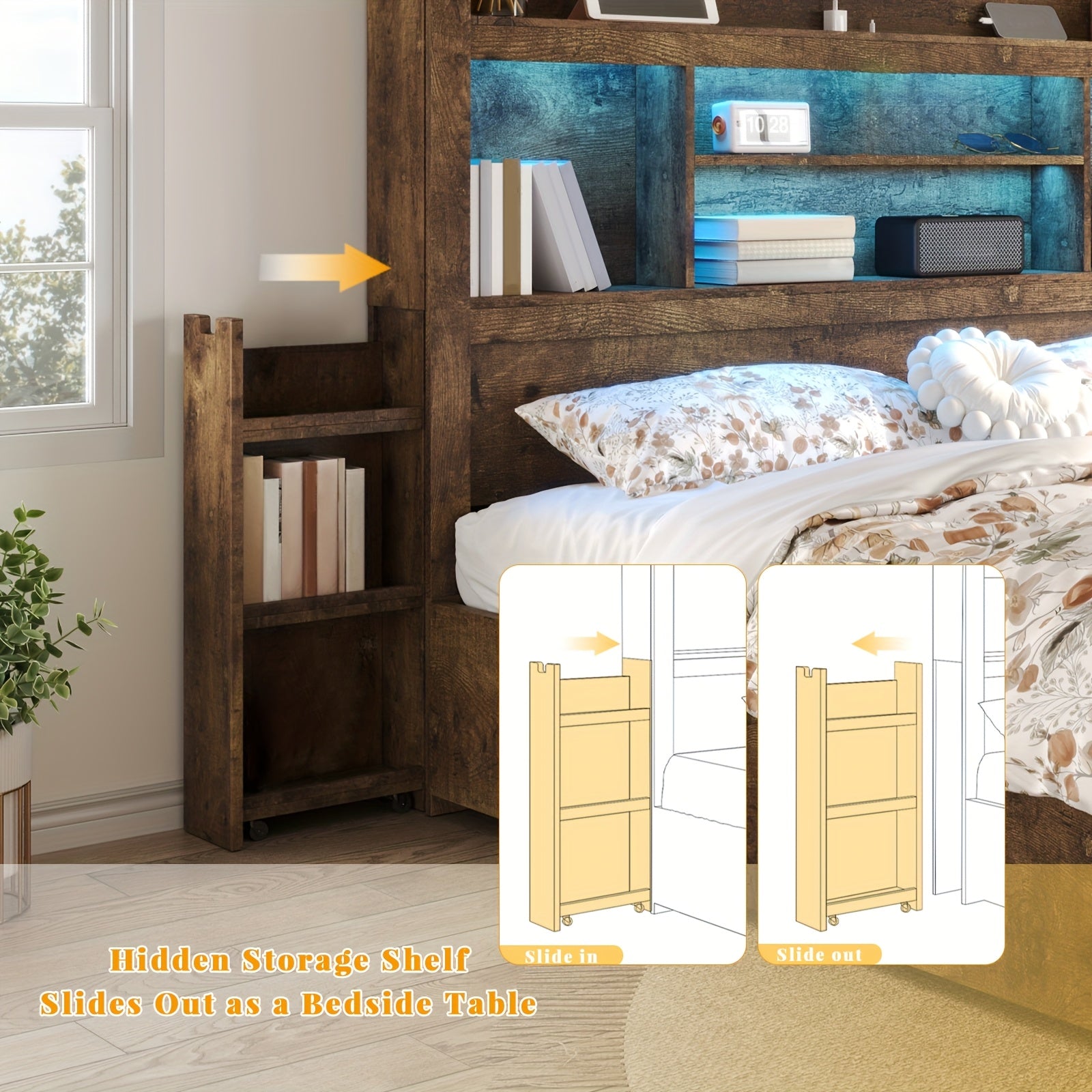 Farmhouse Wooden Bed Frame With 4 Storage Drawers, LED Bed Frame With 49\