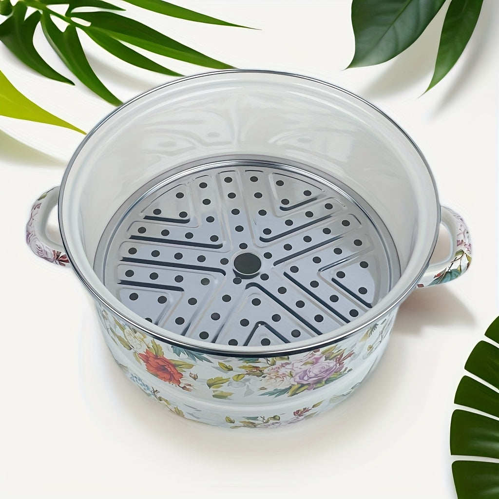 Export to Japan Enamel Double-Layer Steamer Pot with Magpie Pattern - Thickened Stew Pot for Induction & Gas Stove, Versatile Kitchen Cookware for Soup, Rice, and More, Induction Cooktop Pot | Elegant Cookware | Durable Enamel