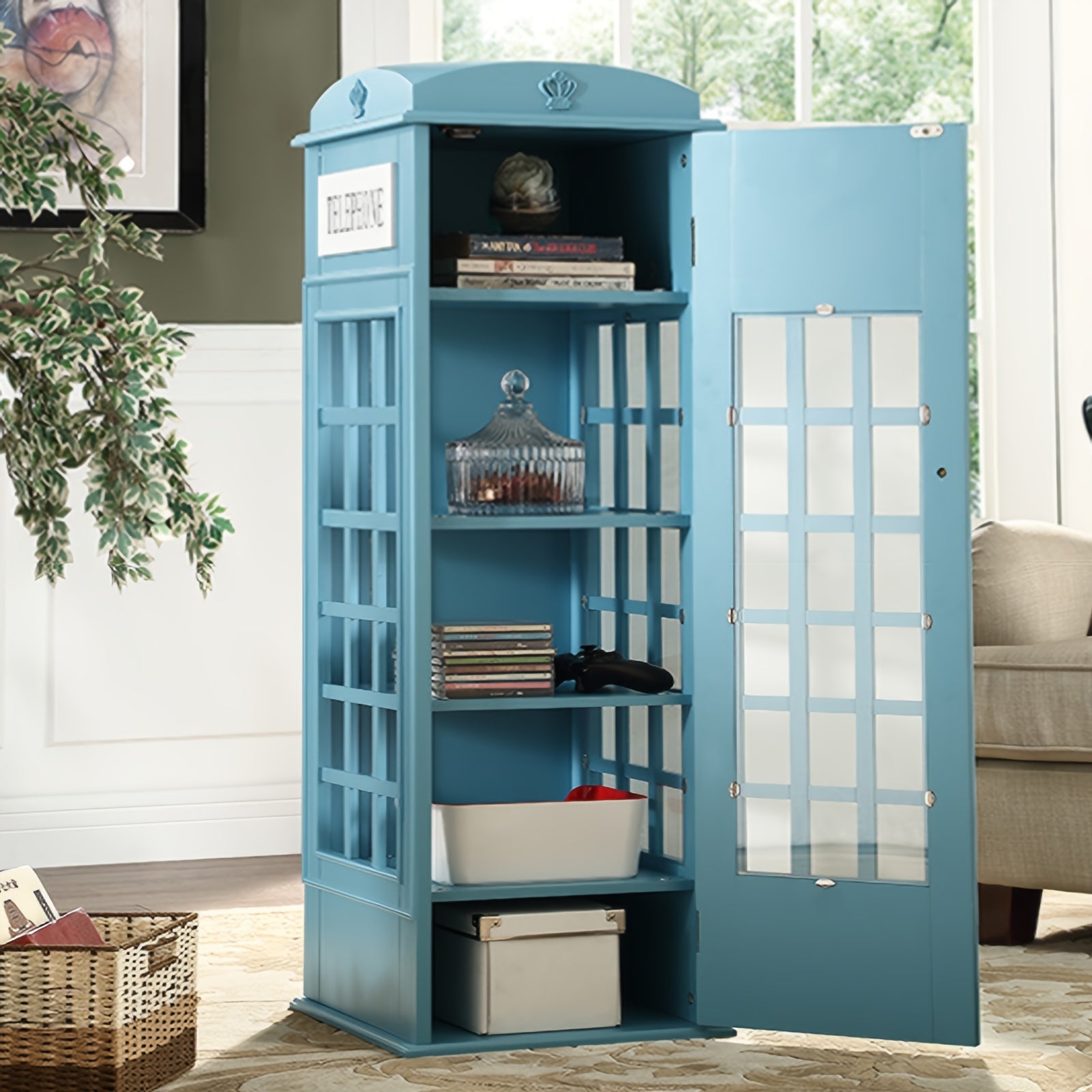 Telephone Booth Bookshelf 5-Tier Wood Cd Storage Cabinet, Floor Standing Bookcase With Acrylic Door, Storage Cabinet Cube Organizer Display Cabinet, 44.5\