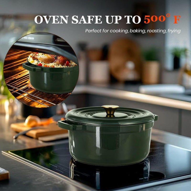5QT Enameled Cast Iron Dutch Oven Pot with Lid, Cookbook & Potholders - Heavy-Duty Green Enamel Cookware, Self-Basting Lid, Induction\u002FStovetop\u002FOven, -Resistant, Oven- Knob & Lid Cover for Braising, Baking, Roasting