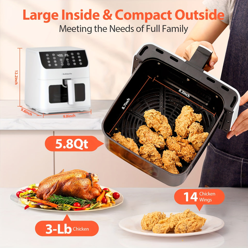Beelicious Pro Air Fryer, 5.8QT Large Capacity Electric Air Fryer Oven with 12+ Easy Functions, Wide View Window & Oven Light, Multifunctional Touch Control for Home Kitchen, Mother'S Day Gift