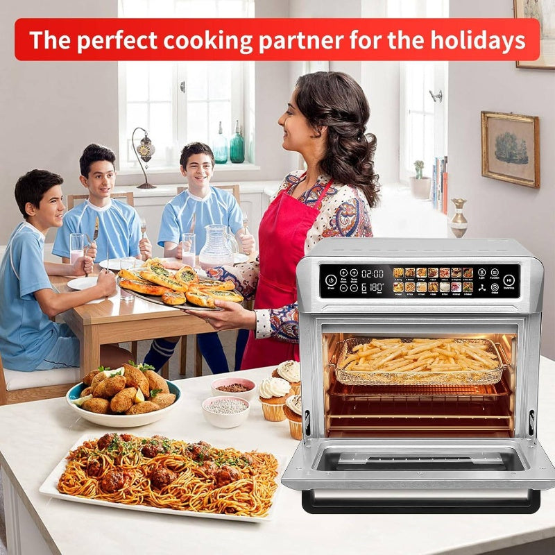 Air Fryer Toaster Oven, 6.6gal Countertop Convection Oven with Color LCD Display and Screen, 14 - in - 1 Functions, Stainless Steel Oven with Preset and Timer, Silvery Metallic,  Quick Meals, Compact Design, Nonstick Coating, Easy To Clean, Busy