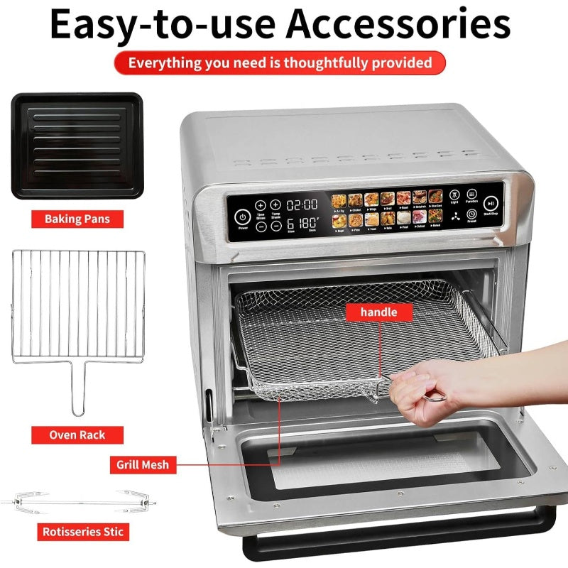 Air Fryer Toaster Oven, 6.6gal Countertop Convection Oven with Color LCD Display and Screen, 14 - in - 1 Functions, Stainless Steel Oven with Preset and Timer, Silvery Metallic,  Quick Meals, Compact Design, Nonstick Coating, Easy To Clean, Busy