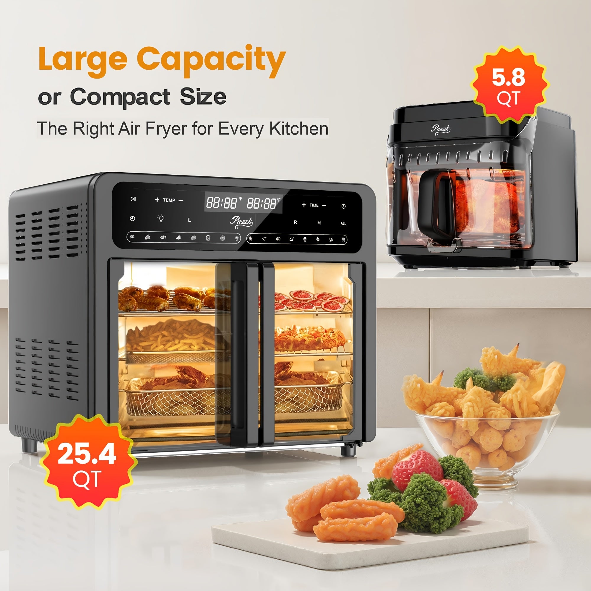 PwZzk 25, 4QT Dual Zone Air Fryer Oven, French Glass Door, XL Size, 100-430F, 16 Presets, LED Display, Dual Fan, 360 Heating, Rotisserie, Bake, Toast, Dehydrate, Reheat, Also In 5, 8QT Glass Drawer, 8 Presets, Coating Free, Flip Lid, for 1-3 People