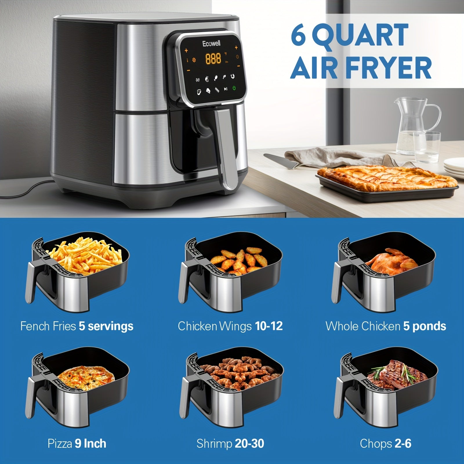 ECOWELL TXS5T2 6-Quart Stainless Steel Air Fryer for 3-5 People - Healthy Cooking with 8 Food Presets, Digital Touch Screen, BPA-Free, Nonstick, Dishwasher-Safe, 1700W, Sleek Black Design, Versatile Air Fryer|Digital Display Fryer|Safe Cooking Material