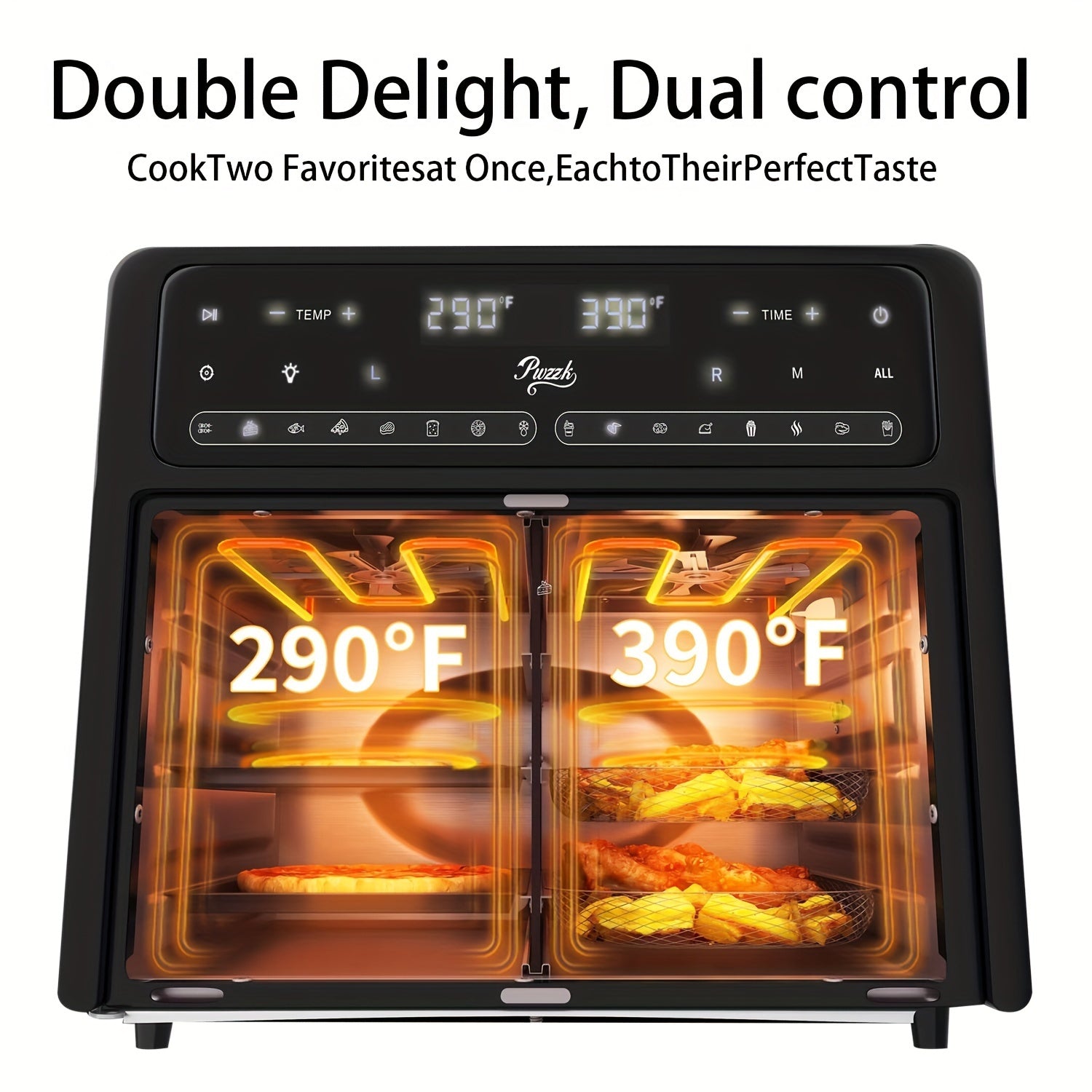PwZzk 25, 4QT Dual Zone Air Fryer Oven, French Glass Door, XL Size, 100-430F, 16 Presets, LED Display, Dual Fan, 360 Heating, Rotisserie, Bake, Toast, Dehydrate, Reheat, Also In 5, 8QT Glass Drawer, 8 Presets, Coating Free, Flip Lid, for 1-3 People