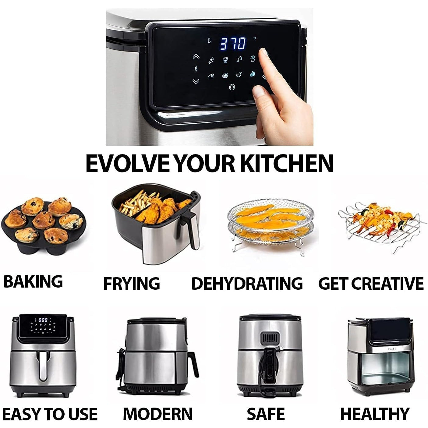 Yedi Evolution Air Fryer, 6.8 Quart, Ceramic Cooking Basket, with Deluxe Accessory Kit and Recipe Book