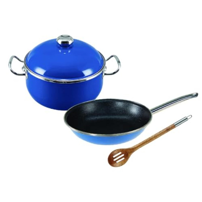VITA 4pcs Enamel on Steel Cookware Set for Beginners - All Stove Top & Oven Safe (350°F Pan\u002F500°F Pot), Nonstick Skillet & Enameled Pot with Lids, Dishwasher Safe Induction\u002F\u002F Burn-Free Pans, Lifetime (Blue) - Made