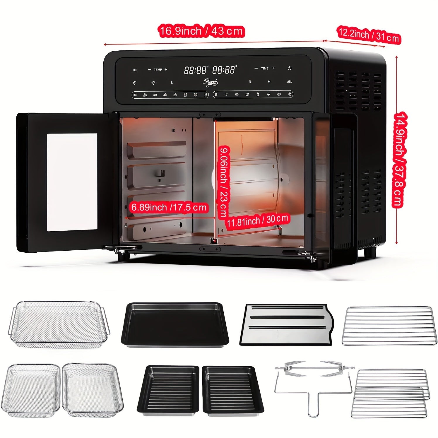 PwZzk 25, 4QT Dual Zone Air Fryer Oven, French Glass Door, XL Size, 100-430F, 16 Presets, LED Display, Dual Fan, 360 Heating, Rotisserie, Bake, Toast, Dehydrate, Reheat, Also In 5, 8QT Glass Drawer, 8 Presets, Coating Free, Flip Lid, for 1-3 People