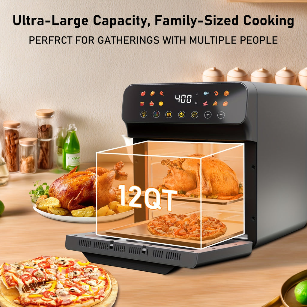 Bluebow 12QT Extra Large Convection Countertop Oven, Air Fryer Toaster Oven Combo, Roast, Bake, Broil, Reheat, Fry Oil-Free, Stainless Steel, LED Digital Touchscreen, Visible Window, Healthy Cooking, Space-Saving Design, Black