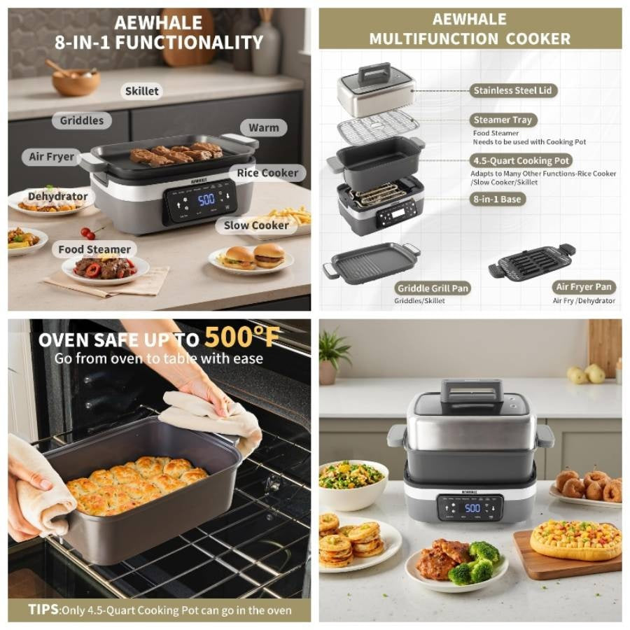 8 - in - 1 Multifunctional Cooker with Air Fryer, Slow Cooker, Food Steamer, Dehydrator More, Family - Sized Capacity,