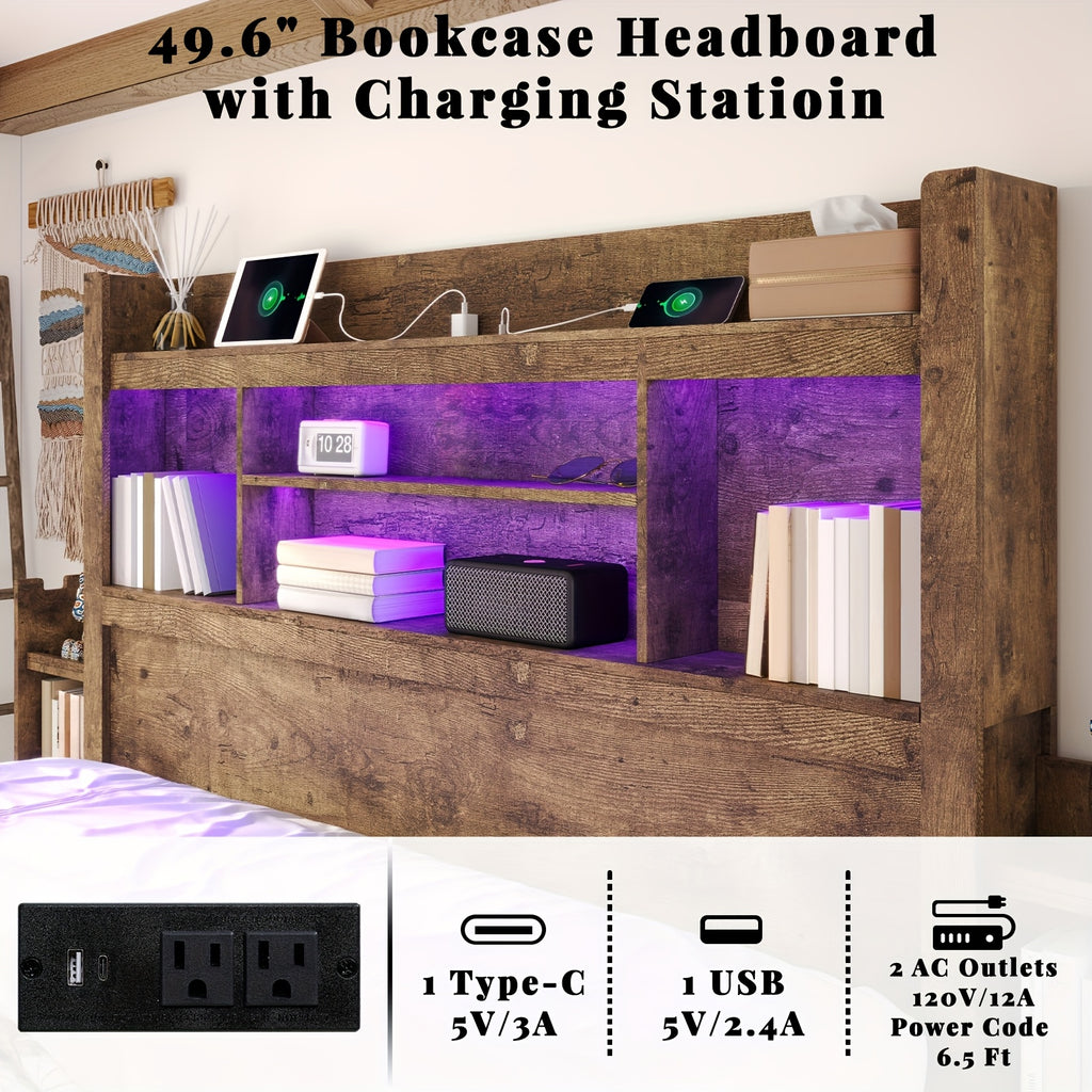 Farmhouse Wooden Bed Frame With 4 Storage Drawers, LED Bed Frame With 49\